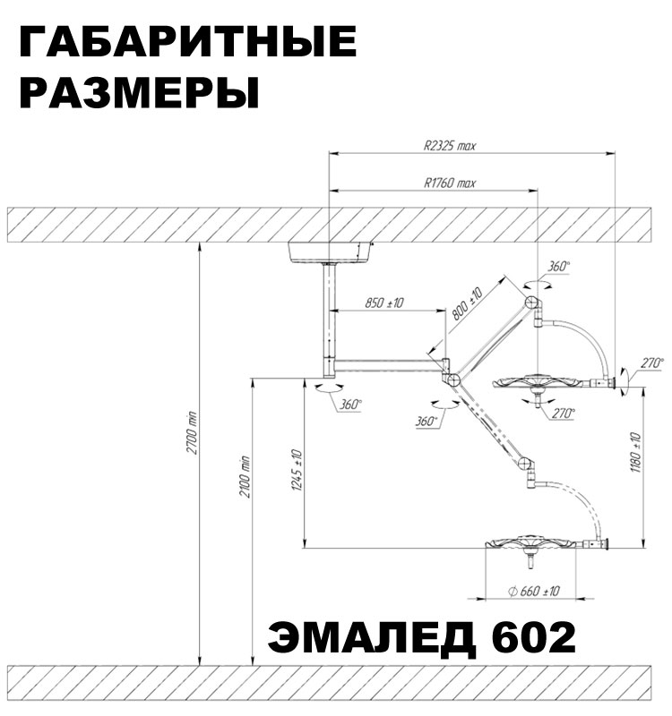 Светильник операционный потолочный однокупольный «ЭМАЛЕД 602» с видеокамерой HD - Габаритные размеры