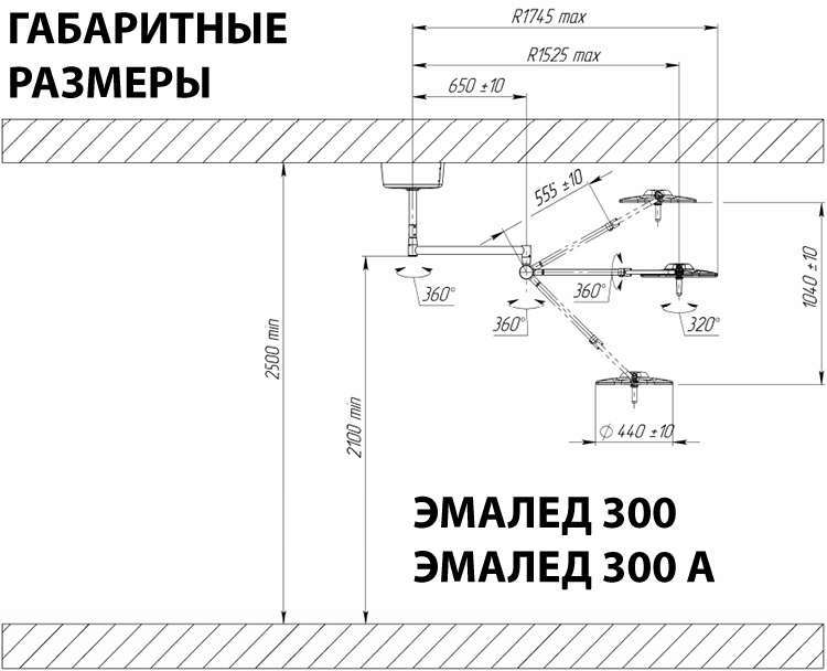 Светильник стоматологический потолочный  «ЭМАЛЕД 300А СТОМ» для хирургии - Габаритные размеры